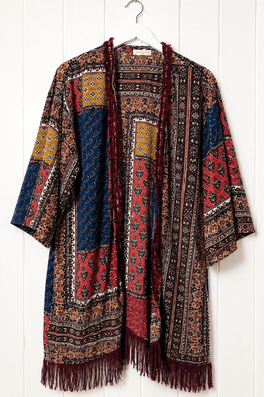 Altar'd State Fringe Kimono Cardigan Women's M/L Boho Patchwork Open Front